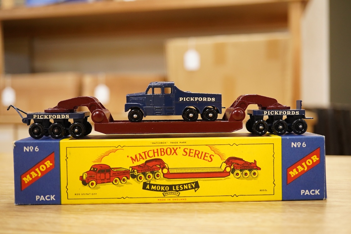 Fourteen Matchbox Series and early boxed Models of Yesteryear, including three Major Packs; No.1; Caterpillar Earthmover, No.3; Mighty Antar tank transporter and Centurion tank, No.6; Scammell transporter, together with